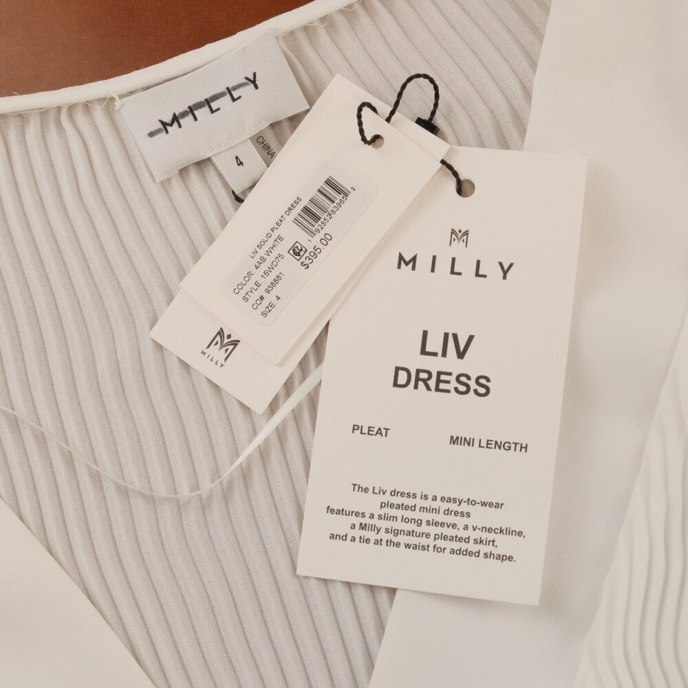 Milly Liv Pleated Bow Belted A-Line Minidress, White, US 4 - Picture 3 of 10